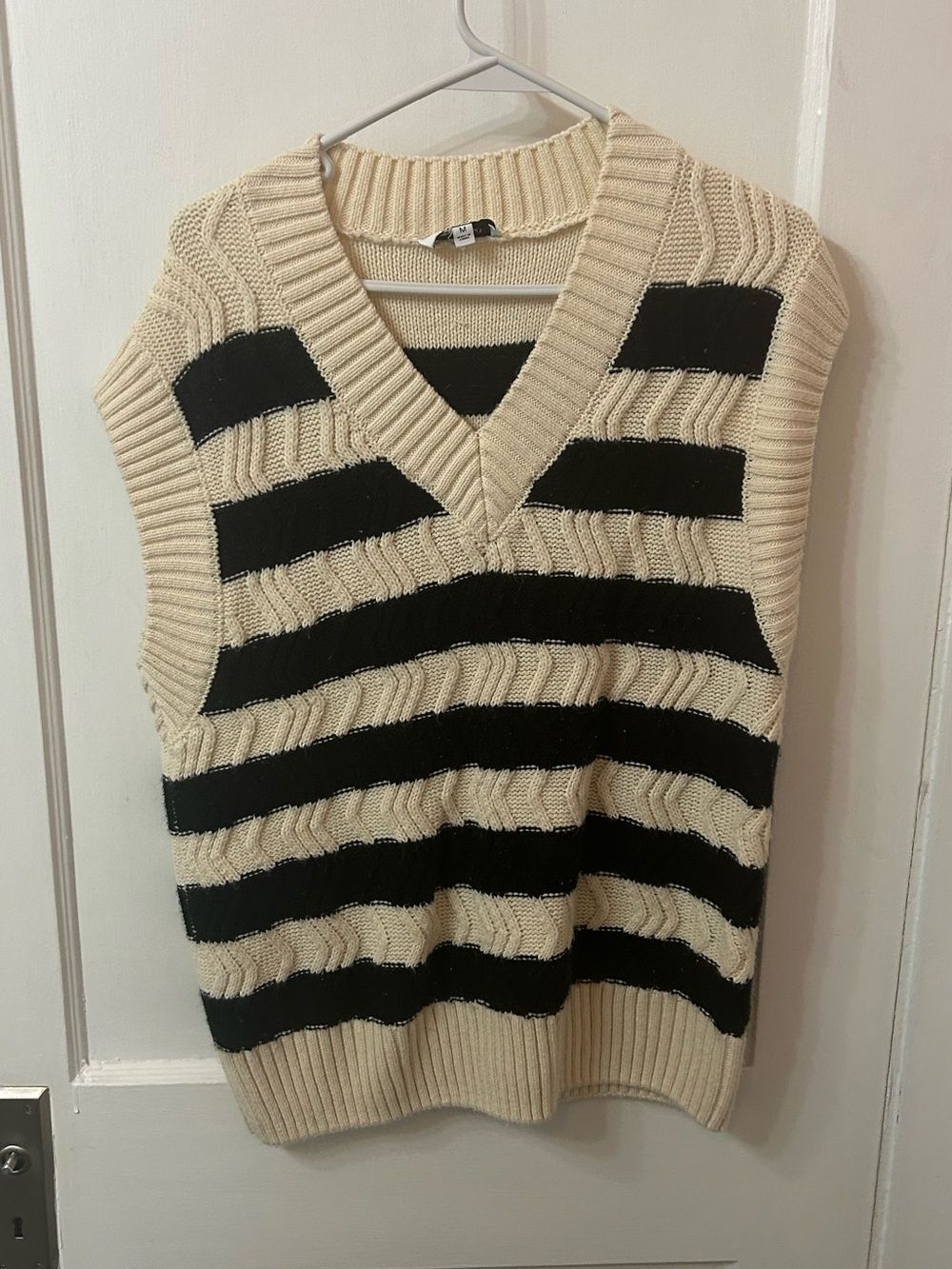 Cream and Black Striped V-Neck Knit Sweater Vest